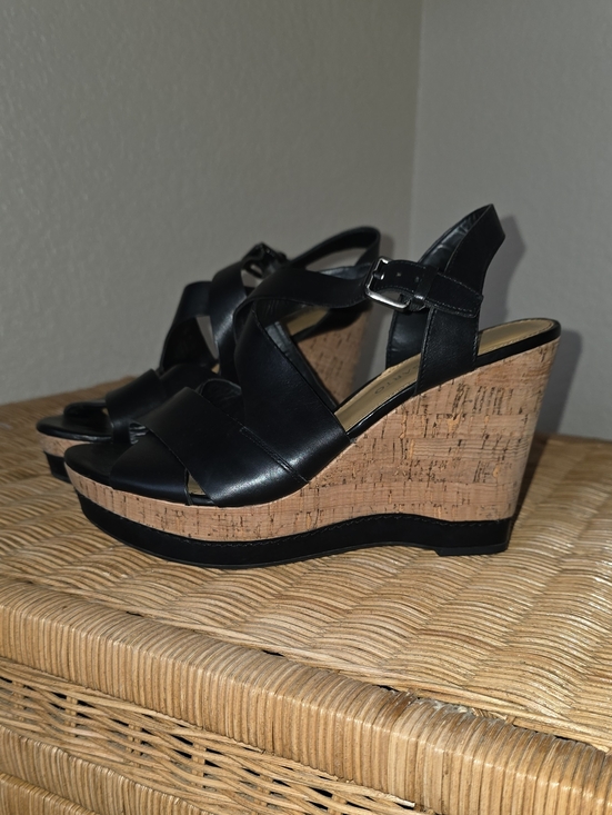 Shoes - Black Leather Cork Wedge Sandals